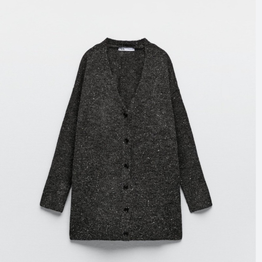 Zara Alpaca Wool Blend Knit Ribbed Trim Long Cardigan Gray Sz M